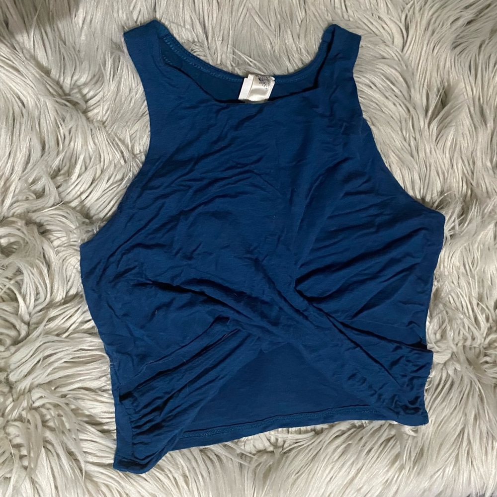 Teal round neck Crop Top Tank Top racer back with X-cross opening on bottom part